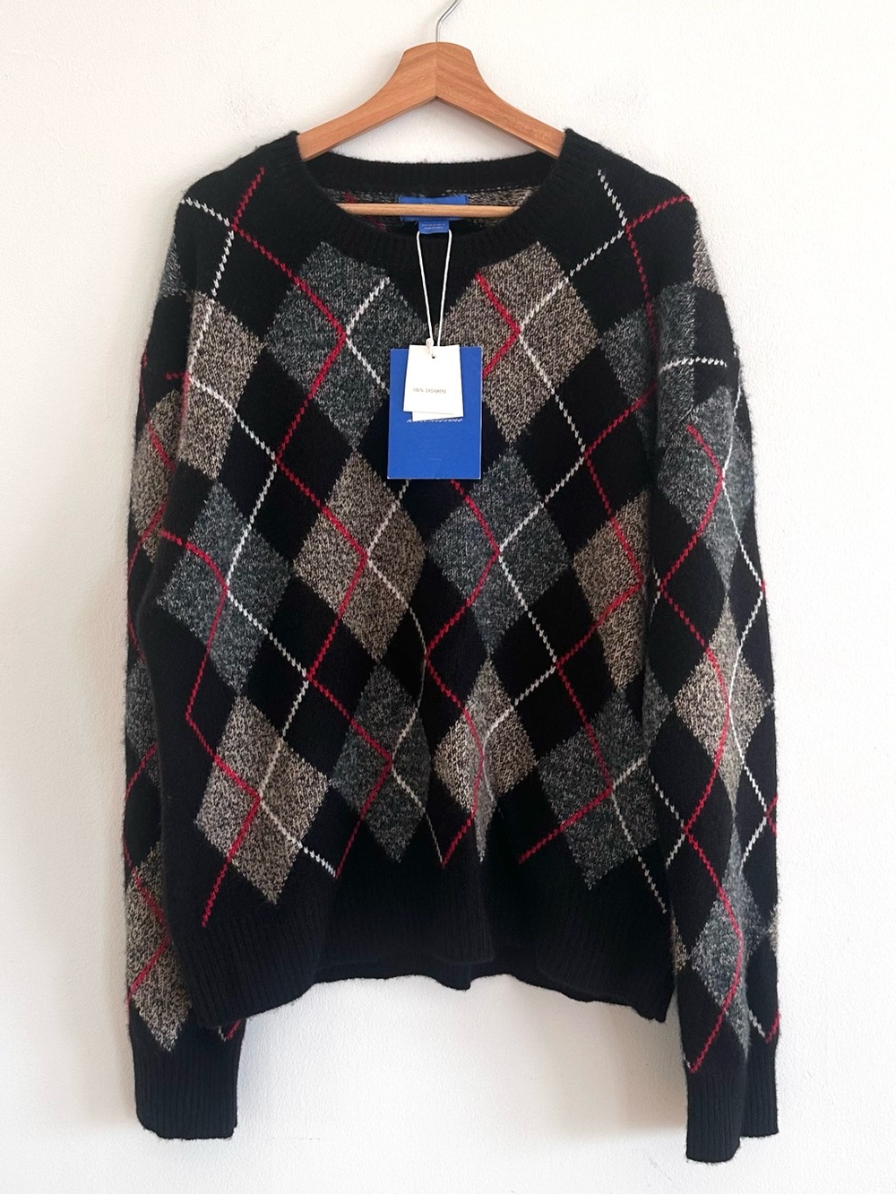 Zara x Aaron Levine 100% cashmere all over argyle black crew neck sweater XL NWT
